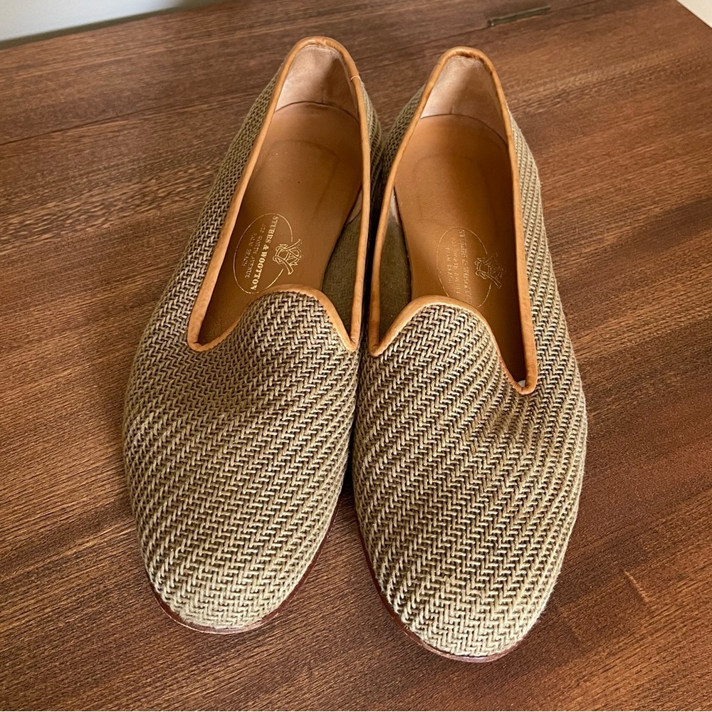Stubbs & Wootton Women’s Woven Tan Slip-On Loafers Sz 9.5 | Classic Coastal Chic